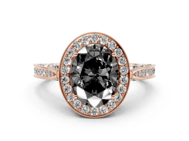 Fancy Black Oval Cut Diamond Halo Engagement Ring Set in Rose gold with Accent Split Shank Band