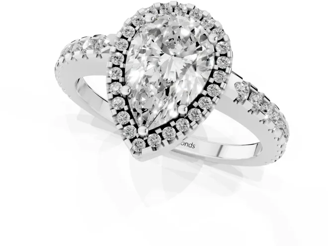 Pear Cut Diamond Halo Ring Set in Platinum with Pavé Shoulders and Halo-Framed Center – second view