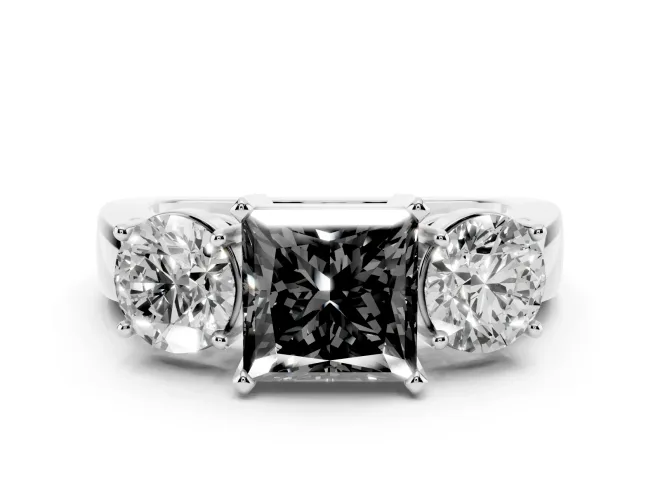 Fancy Black Princess Cut Diamond Three-Stone Ring Set in Platinum with Round Side Stones and Classic Band
