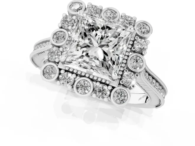 Princess Cut Diamond Halo Milgrain Pavé Ring Set in White gold with Prong Setting – second view