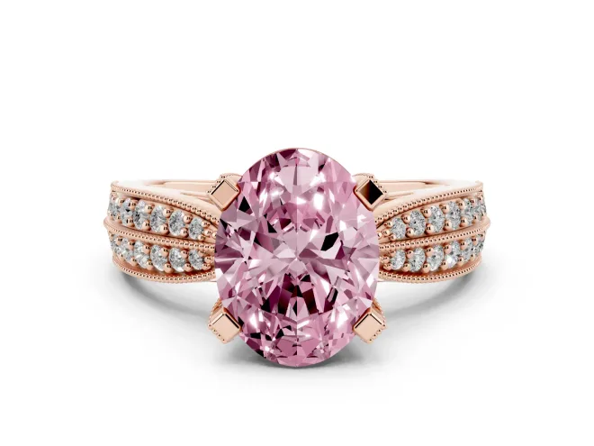 Fancy Pink Oval Cut Diamond Solitaire Ring Set in Rose gold with Milgrain Double Row Round Pavé Band