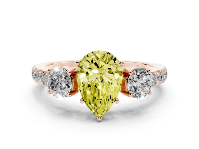 Fancy Yellow Pear Cut Diamond Three-Stone Ring Set in Rose gold with Round Side Stones and Delicate Pavé Band