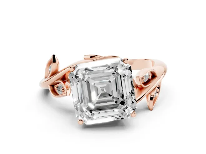Asscher Cut Diamond Solitaire Twist Engagement Ring Set in Rose gold with Pavé Leaf Accents