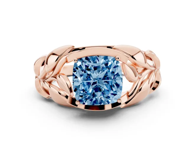 Fancy Blue Cushion Cut Diamond Leaf-Inspired Engagement Ring Set in Rose gold with Round Accents