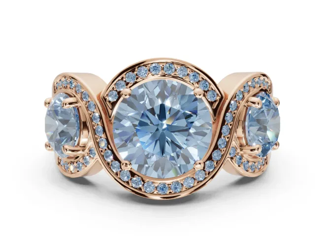 Round Three Stone Halo Engagement Ring Setting for a Fancy Blue Lab-Grown Diamond | Pavé Wave Band | Rose Gold