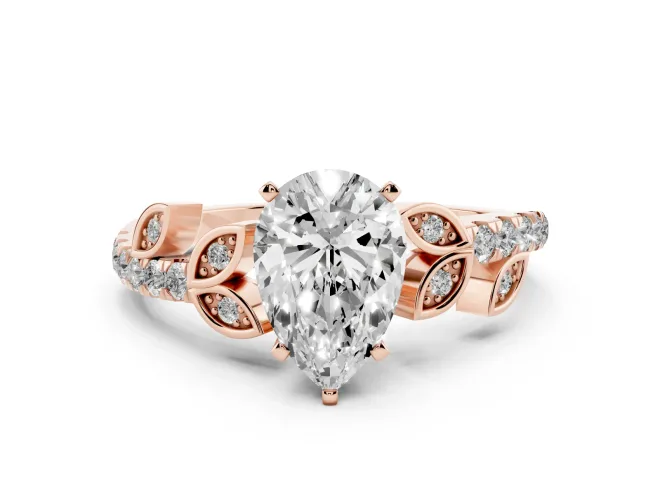 Pear-Shaped Leaf Pavé Engagement Ring Setting | Leaf Motif Shoulders | Rose Gold