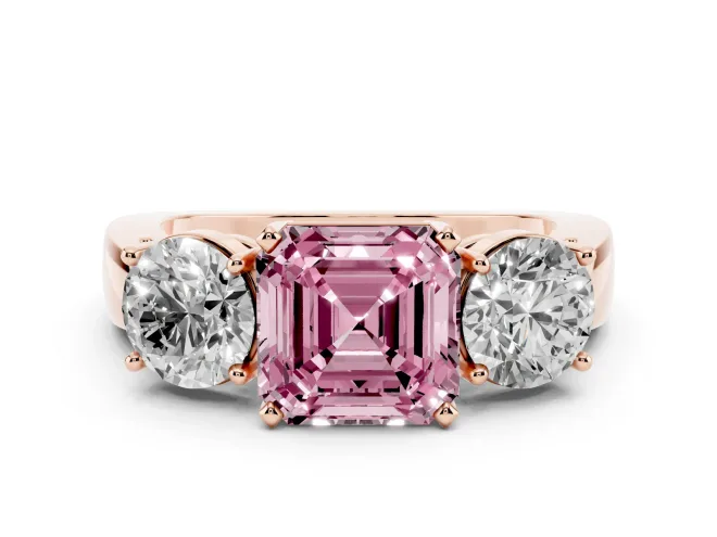 Asscher Cut Three Stone Engagement Ring Setting for a Fancy Pink Lab-Grown Diamond | Wide Plain Band | Rose Gold