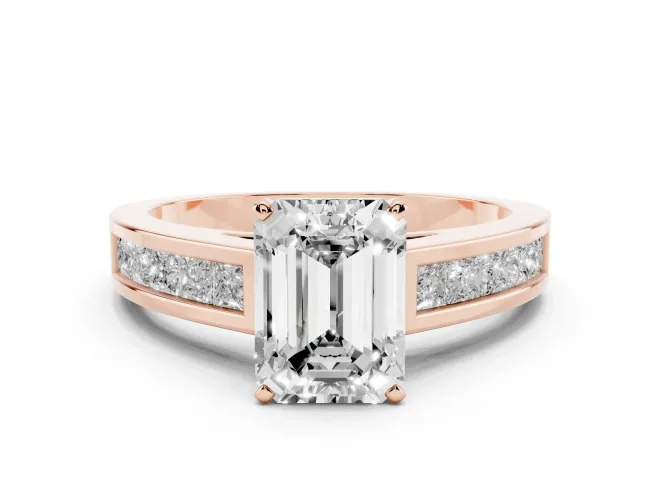 Emerald Cut Channel Set Engagement Ring Setting | Princess Cut Accents | Rose Gold