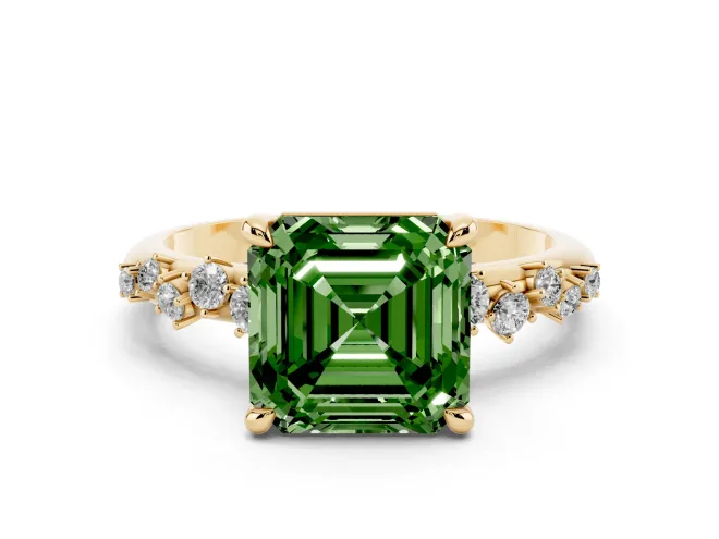 Fancy Green Asscher Cut Diamond Solitaire Vine Band Ring Set in Yellow gold with Round Accents and Prong Setting