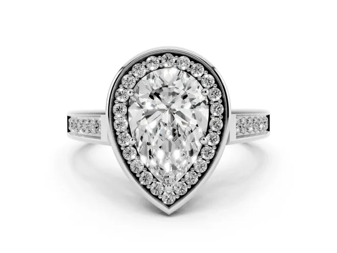 Pear Cut Diamond Halo Solitaire Ring Set in White gold with Pavé Band and Bezel Setting