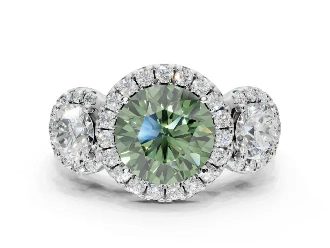 Round Three Stone Halo Engagement Ring Setting for a Fancy Green Lab-Grown Diamond | White Gold