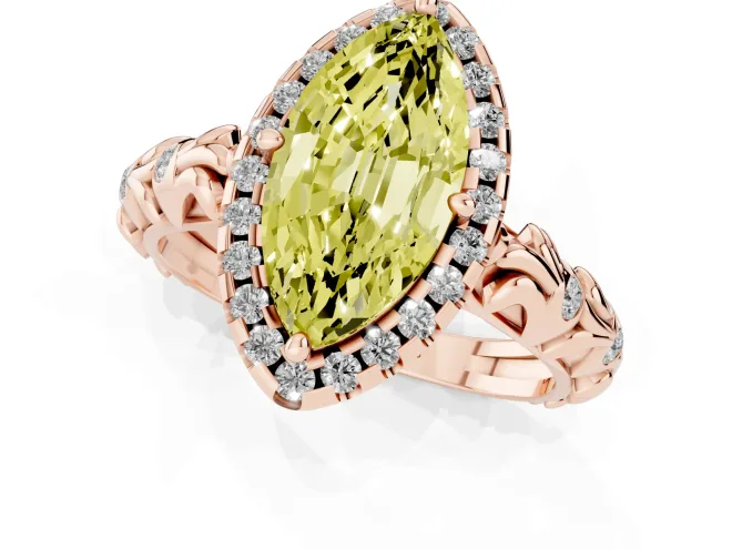 Fancy Yellow Marquise Cut Diamond Halo Ring Set in Rose gold with Filigree Leaf Band and Prong Setting – second view