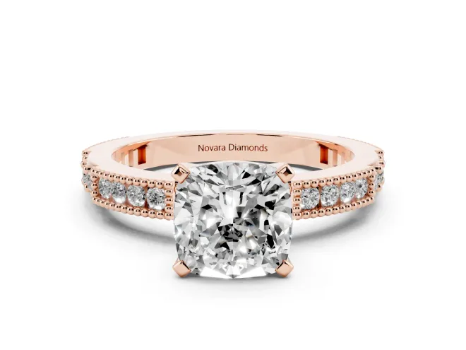Cushion Cut Diamond Solitaire Ring Set in Rose gold with Slim Pavé Band and Prong Setting