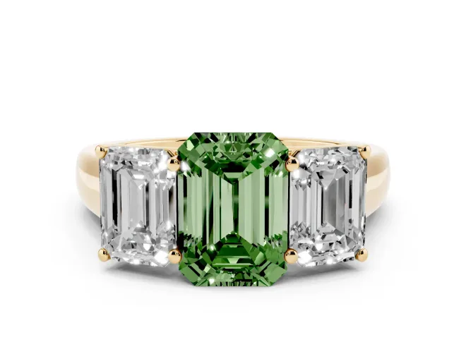 Fancy Green Emerald Cut Diamond Three-Stone Ring Set in Yellow gold with Plain Polished Band