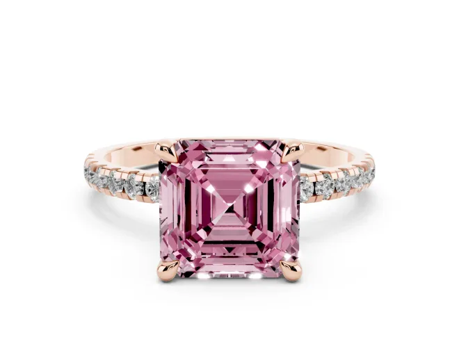 Asscher Cut Petite Pavé Solitaire Engagement Ring Setting for a Fancy Pink Lab-Grown Diamond | Slim Band | Rose Gold