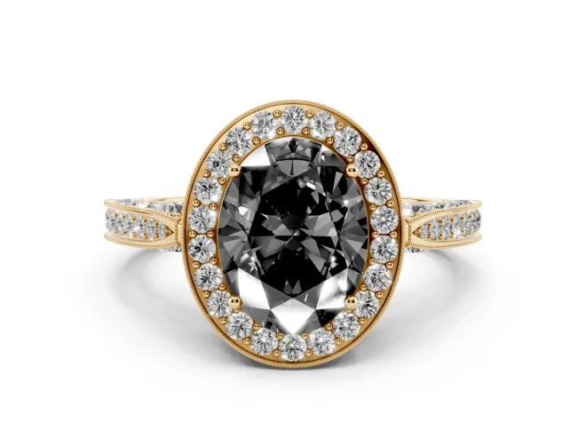 Fancy Black Oval Cut Diamond Halo Engagement Ring Set in Yellow gold with Accent Split Shank Band