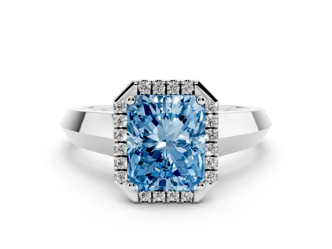 Radiant Cut Knife-Edge Halo Engagement Ring Setting for a Fancy Blue Lab-Grown Diamond | Platinum