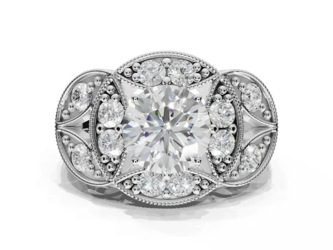 Round Vintage Floral Halo Engagement Ring Setting | Engraved Milgrain Band | White Gold