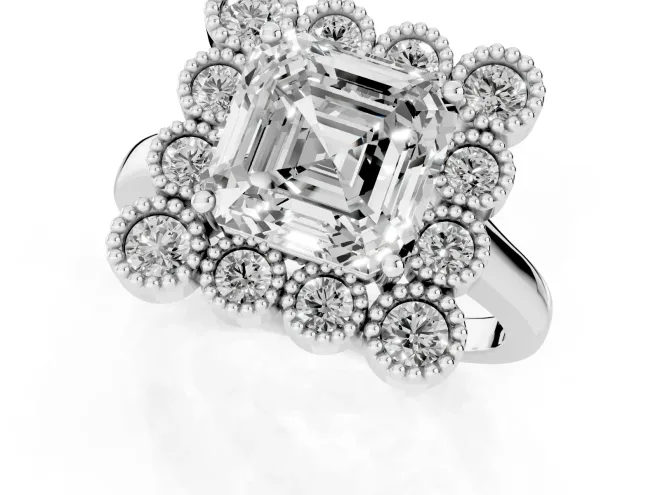 Asscher Cut Diamond Cluster Halo Ring Set in Platinum with Milgrain Bezel Accents and Plain Band – second view