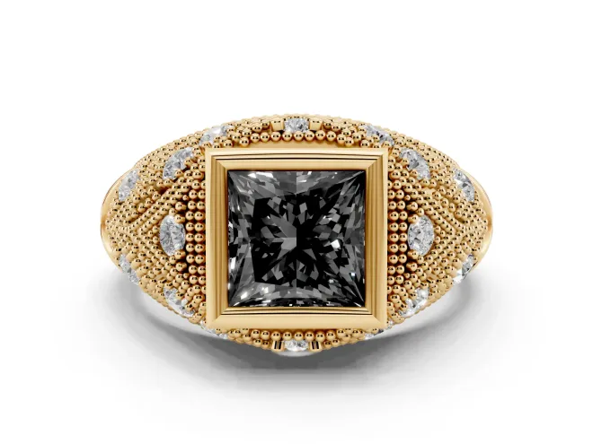 Princess Cut Vintage Bezel Engagement Ring Setting for a Black Center | Milgrain Band | Yellow Gold