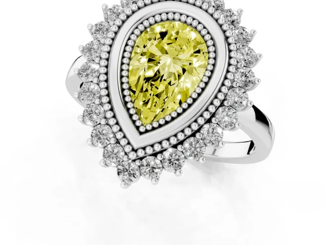 Fancy Yellow Pear Cut Diamond Halo Ring Set in Platinum with Milgrain Edge and Round Prong Setting – second view