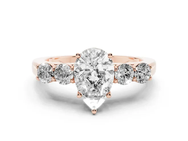 Pear Cut Diamond Five-Stone Prong Set Band Ring Set in Rose gold with Polished Band