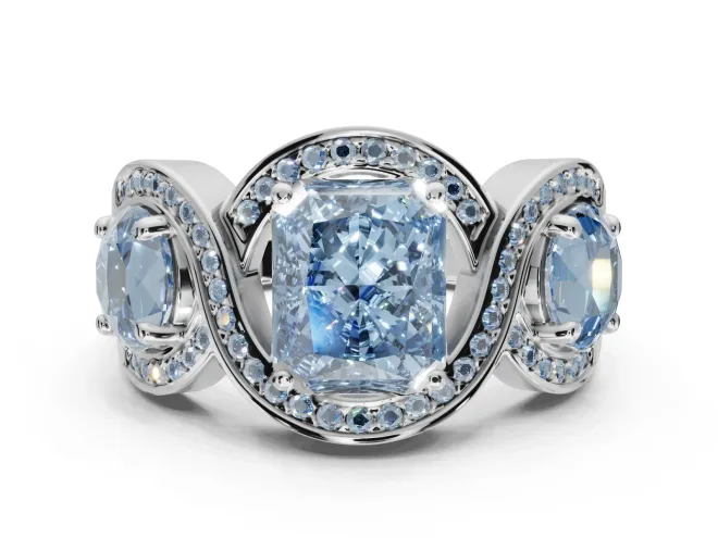 Radiant Cut Three Stone Engagement Ring Setting for a Fancy Blue Lab-Grown Diamond | Pavé Wave Band | Sterling Silver