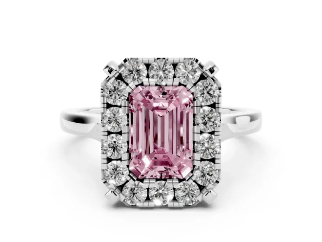 Emerald Cut Claw Corner Halo Engagement Ring Setting for a Fancy Pink Lab-Grown Diamond | Slim Plain Band | White Gold
