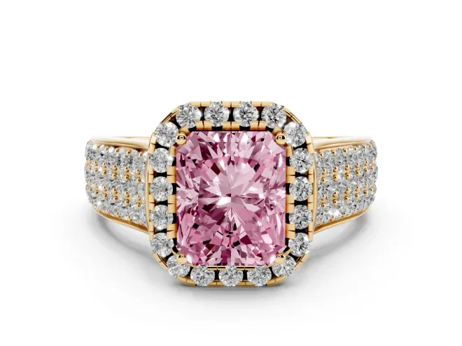 Radiant Cut Pavé Engagement Ring Setting for a Fancy Pink Lab-Grown Diamond | Wide Three-Row Band | Yellow Gold