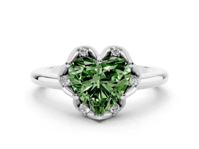 Fancy Green Heart Cut Diamond Round Cluster Halo Ring Set in Platinum with Solitaire Band and Prong Setting