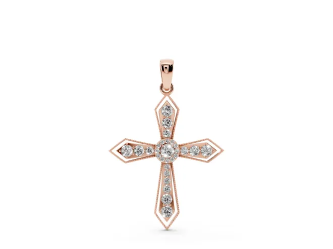 Round Lab-Grown Diamond Vintage Milgrain Cross Pendant Necklace | Pointed Arms | Rose Gold