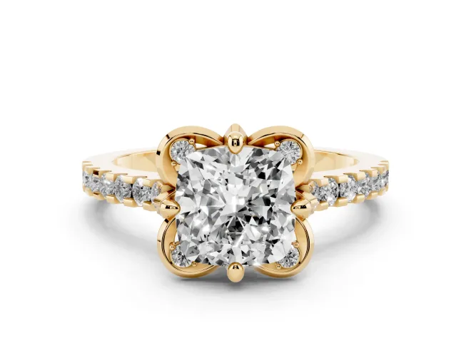 Cushion Cut Diamond Solitaire Ring Set in Yellow gold with Pavé Band and Floral Prong Setting