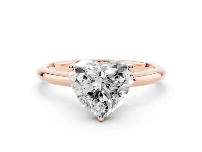 Heart Cut Diamond Solitaire Engagement Ring Set in Rose gold with Prong Setting and Polished Band
