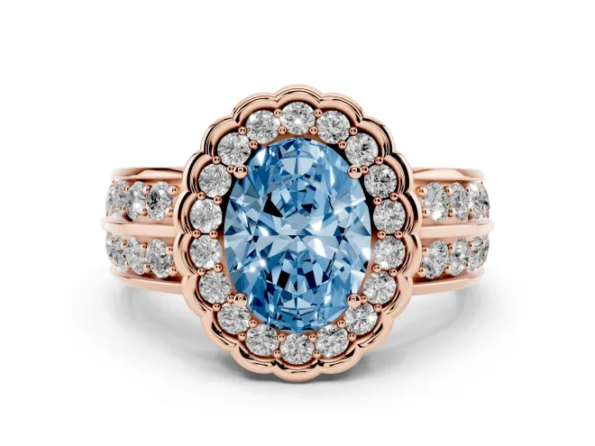 Oval Scalloped Halo Engagement Ring Setting for a Fancy Blue Lab-Grown Diamond | Double Row Band | Rose Gold