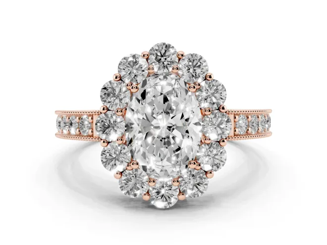 Oval Cut Diamond Halo Pavé Engagement Ring Set in Rose gold with Milgrain Detailing