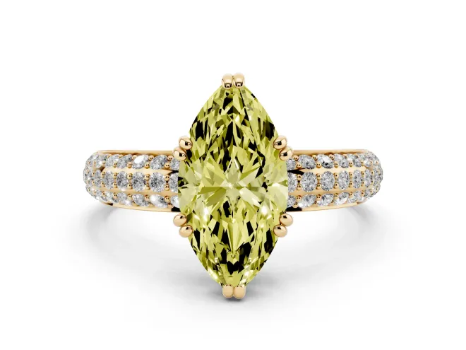 Fancy Yellow Marquise Cut Diamond Solitaire Ring Set in Yellow gold with Multi-Row Round Pavé Band and Prong Setting