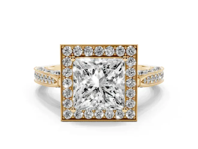 Princess Cut Vintage Milgrain Halo Engagement Ring Setting | Side Stones and Pavé | Yellow Gold