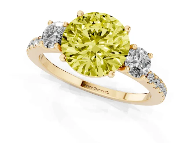 Fancy Yellow Round Cut Diamond Three-Stone Ring Set in Yellow gold with Pavé Band and Graduated Sides – second view