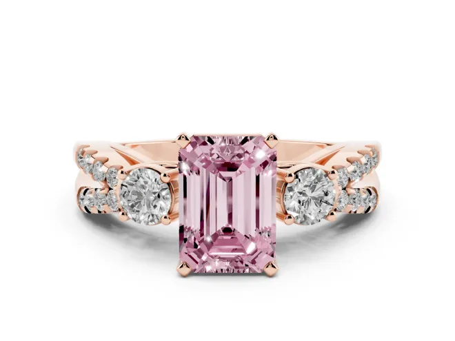 Emerald Cut Three Stone Engagement Ring Setting for a Fancy Pink Lab-Grown Diamond | Rose Gold