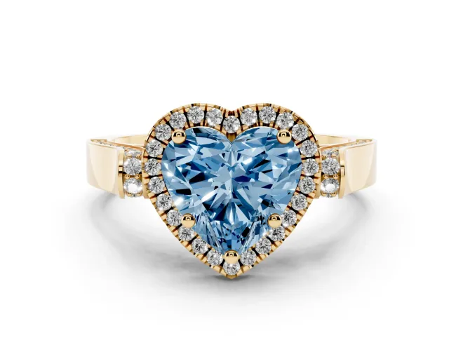 Fancy Blue Heart Cut Diamond Halo Ring Set in Yellow gold with Twist Band and Pavé Accents