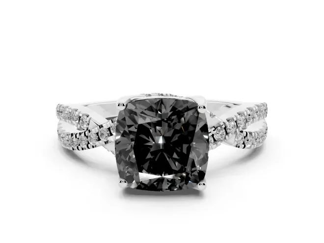 Cushion Cut Twisted Pavé Engagement Ring Setting for a Black Center | Split Shank | Platinum