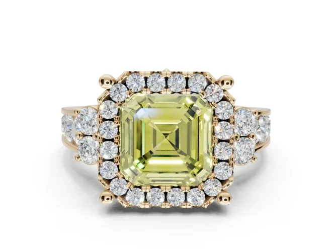 Asscher Cut Halo Engagement Ring Setting for a Fancy Yellow Lab-Grown Diamond | Graduated Channel Band | Yellow Gold