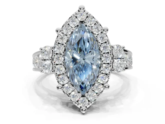 Marquise Halo Engagement Ring Setting for a Fancy Blue Lab-Grown Diamond | Graduated Channel Band | White Gold