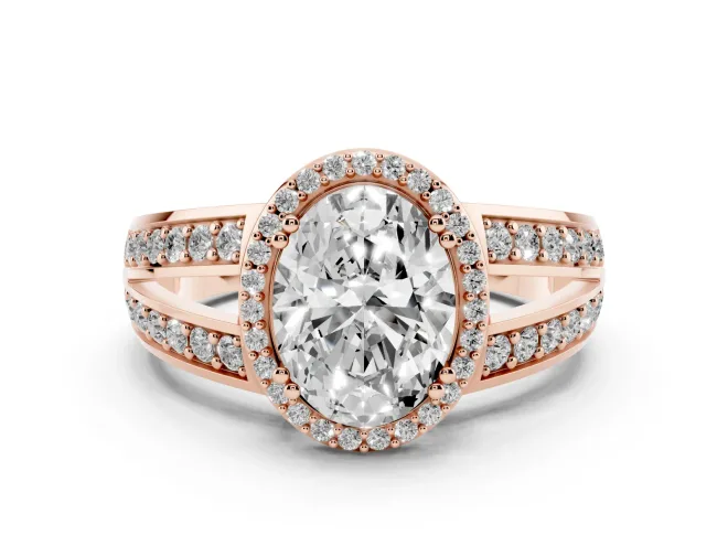 Oval Cut Diamond Halo Ring Set in Rose gold with Double Pavé Split Shank