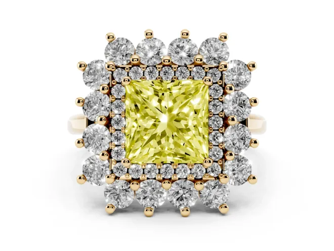 Princess Cut Floral Double Halo Engagement Ring Setting for a Fancy Yellow Lab-Grown Diamond | Plain Band | Yellow Gold