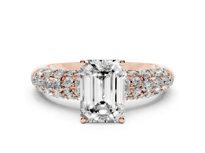 Emerald Cut Multi Row Pavé Solitaire Engagement Ring Setting | Domed Shoulders | Rose Gold