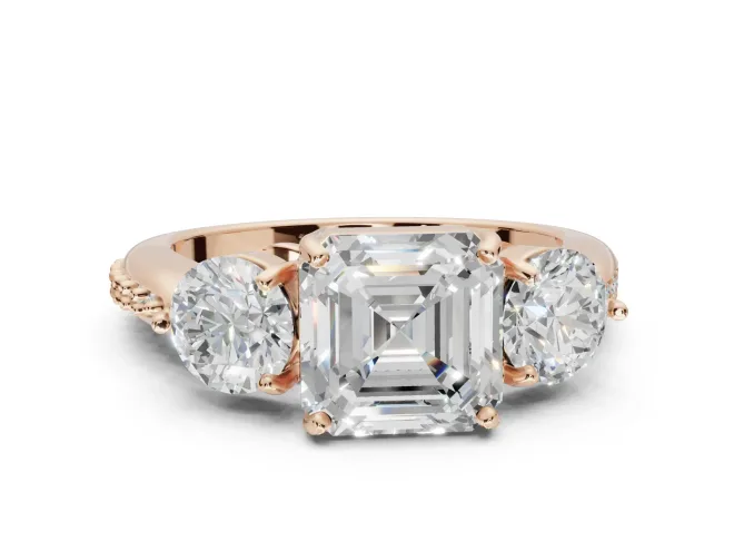 Asscher Cut Three Stone Engagement Ring Setting | Tapered Pavé Band | Rose Gold