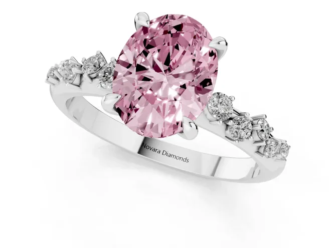 Fancy Pink Oval Cut Diamond Solitaire Vine Band Ring Set in Silver with Round Accents and Prong Setting – second view