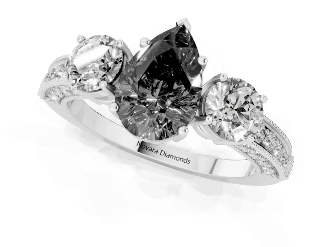 Fancy Black Pear Cut Diamond Three-Stone Ring Set in Silver with Round Side Stones and Pavé Band – second view