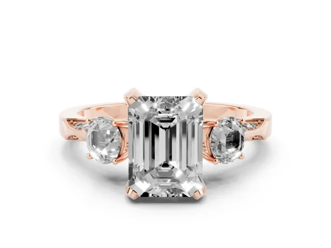 Emerald Cut Hidden Halo Three Stone Engagement Ring Setting for a Fancy Pink Lab-Grown Diamond | Rose Gold